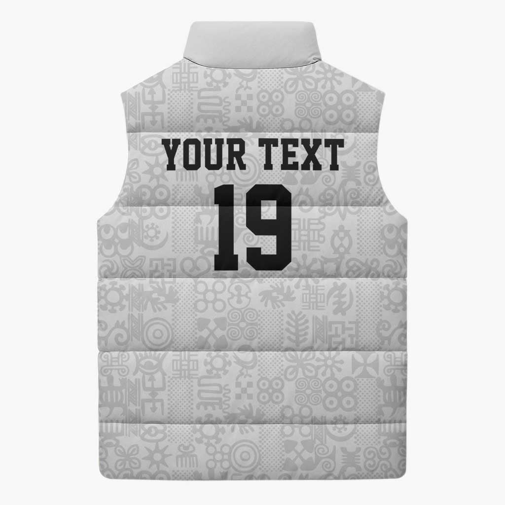 Custom World Football 2026 Ghana Sleeveless Puffer Jacket Black Stars Rise with White Adinkra Pattern