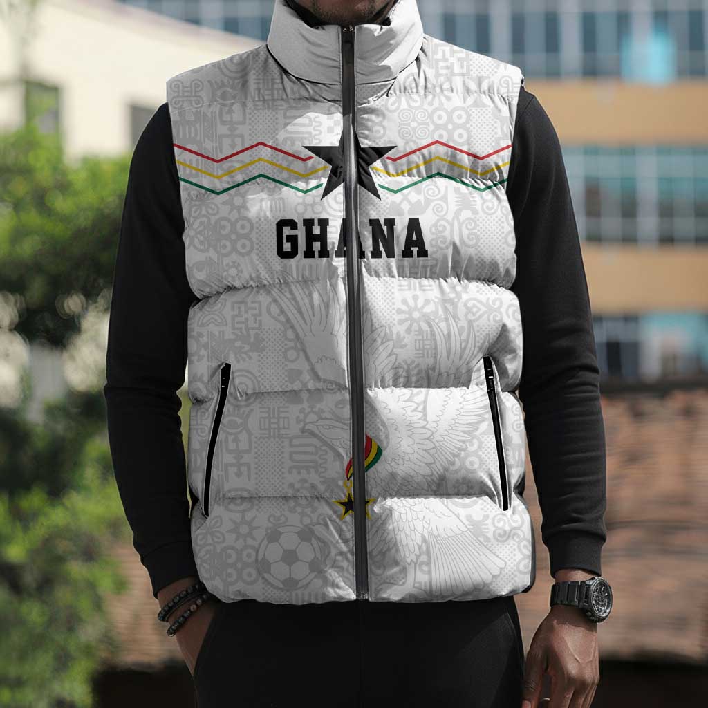 Custom World Football 2026 Ghana Sleeveless Puffer Jacket Black Stars Rise with White Adinkra Pattern