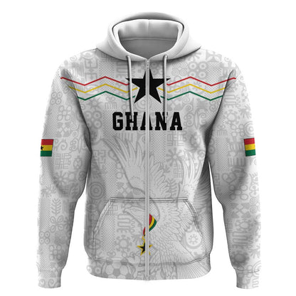Custom World Football 2026 Ghana Zip Hoodie Black Stars Rise with White Adinkra Pattern