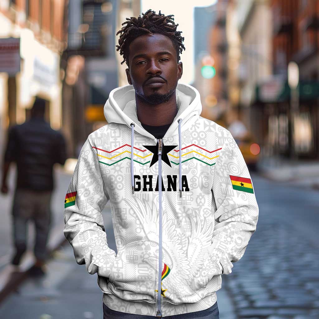 Custom World Football 2026 Ghana Zip Hoodie Black Stars Rise with White Adinkra Pattern