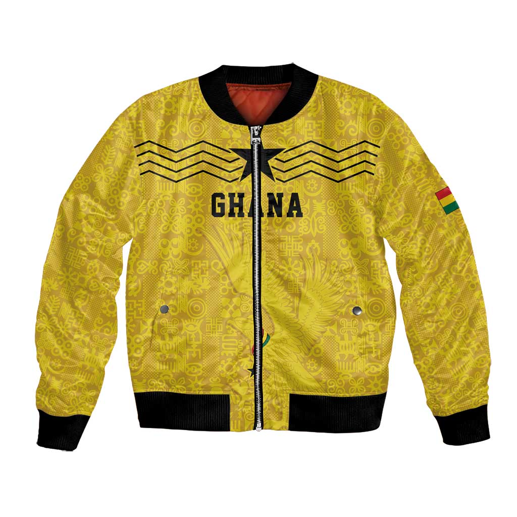 Custom World Football 2026 Ghana Bomber Jacket Black Stars Rise with Yellow Adinkra Pattern