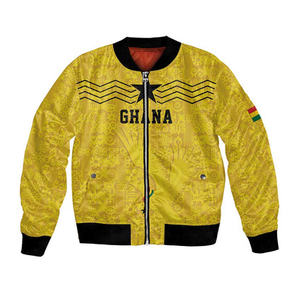 Custom World Football 2026 Ghana Bomber Jacket Black Stars Rise with Yellow Adinkra Pattern