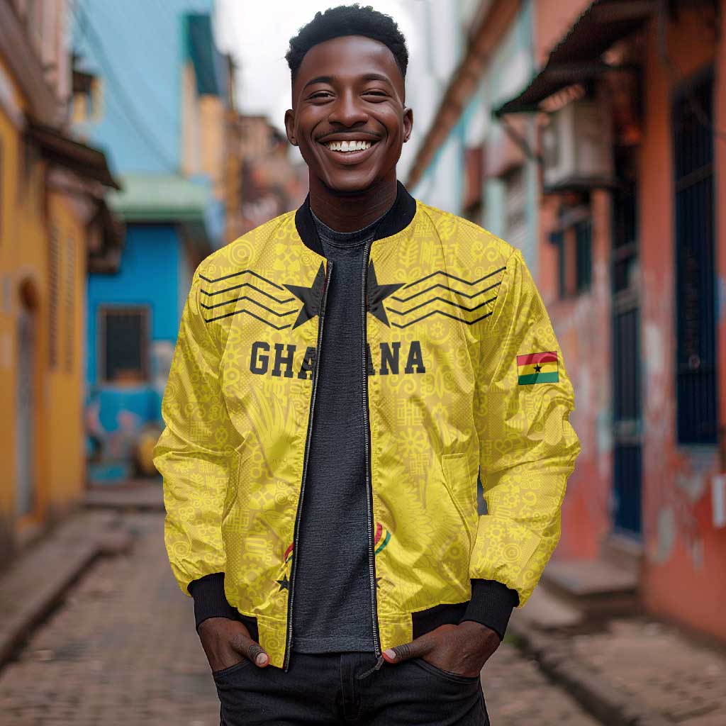 Custom World Football 2026 Ghana Bomber Jacket Black Stars Rise with Yellow Adinkra Pattern