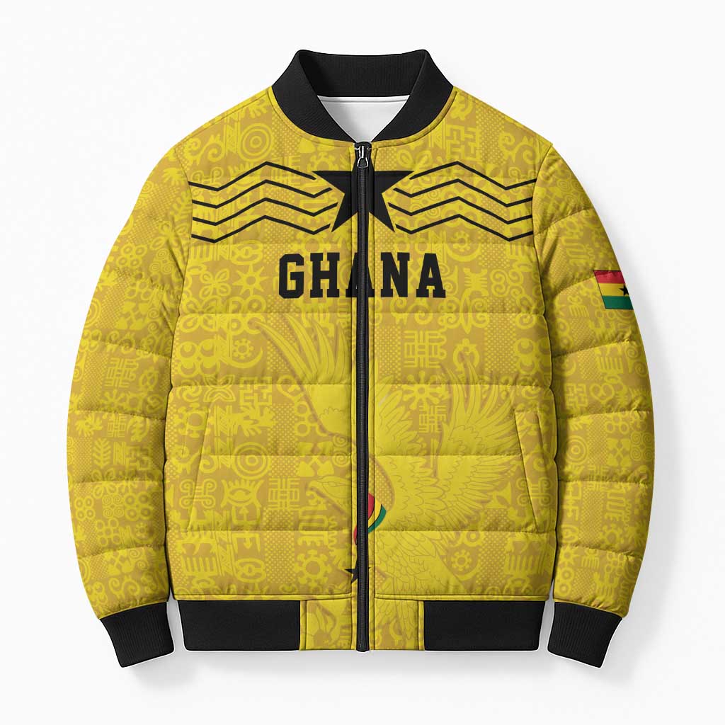 Custom World Football 2026 Ghana Bomber Puffer Jacket Black Stars Rise with Yellow Adinkra Pattern