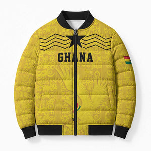 Custom World Football 2026 Ghana Bomber Puffer Jacket Black Stars Rise with Yellow Adinkra Pattern