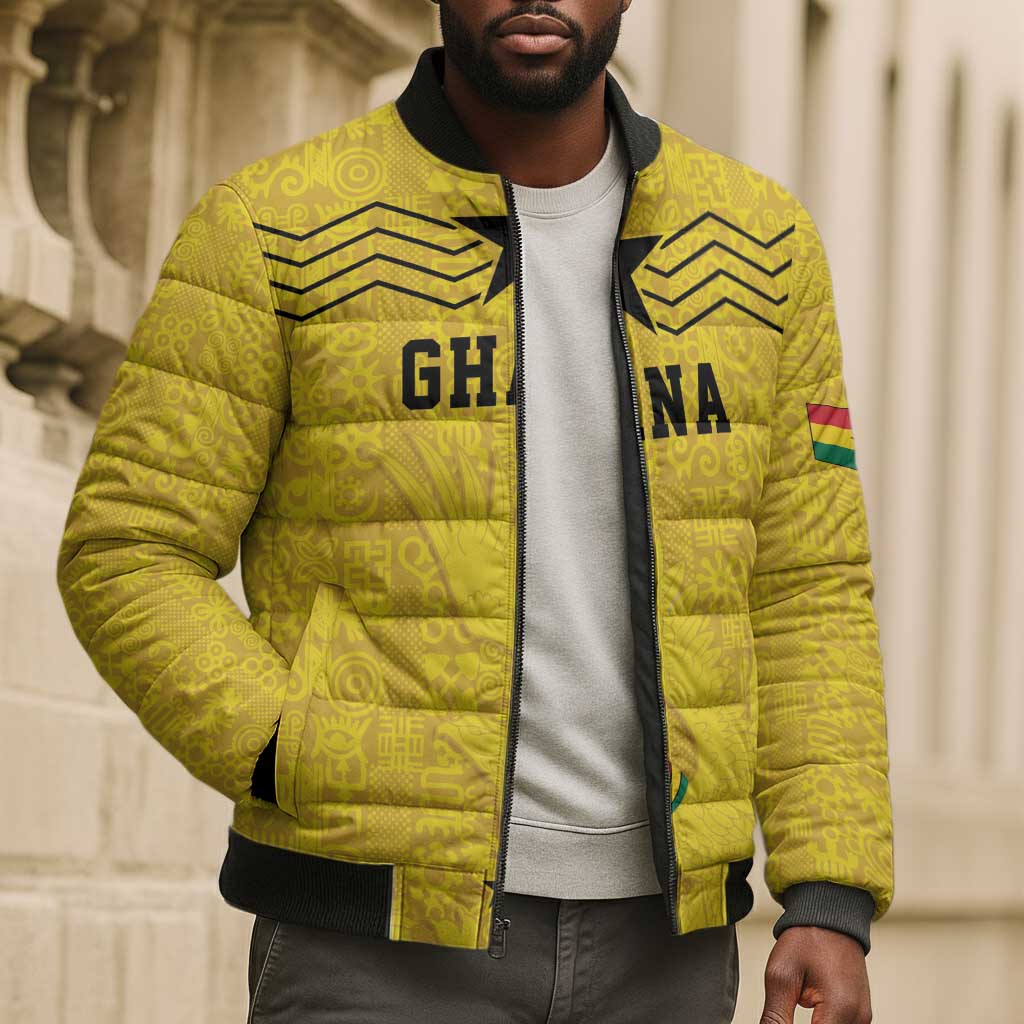 Custom World Football 2026 Ghana Bomber Puffer Jacket Black Stars Rise with Yellow Adinkra Pattern