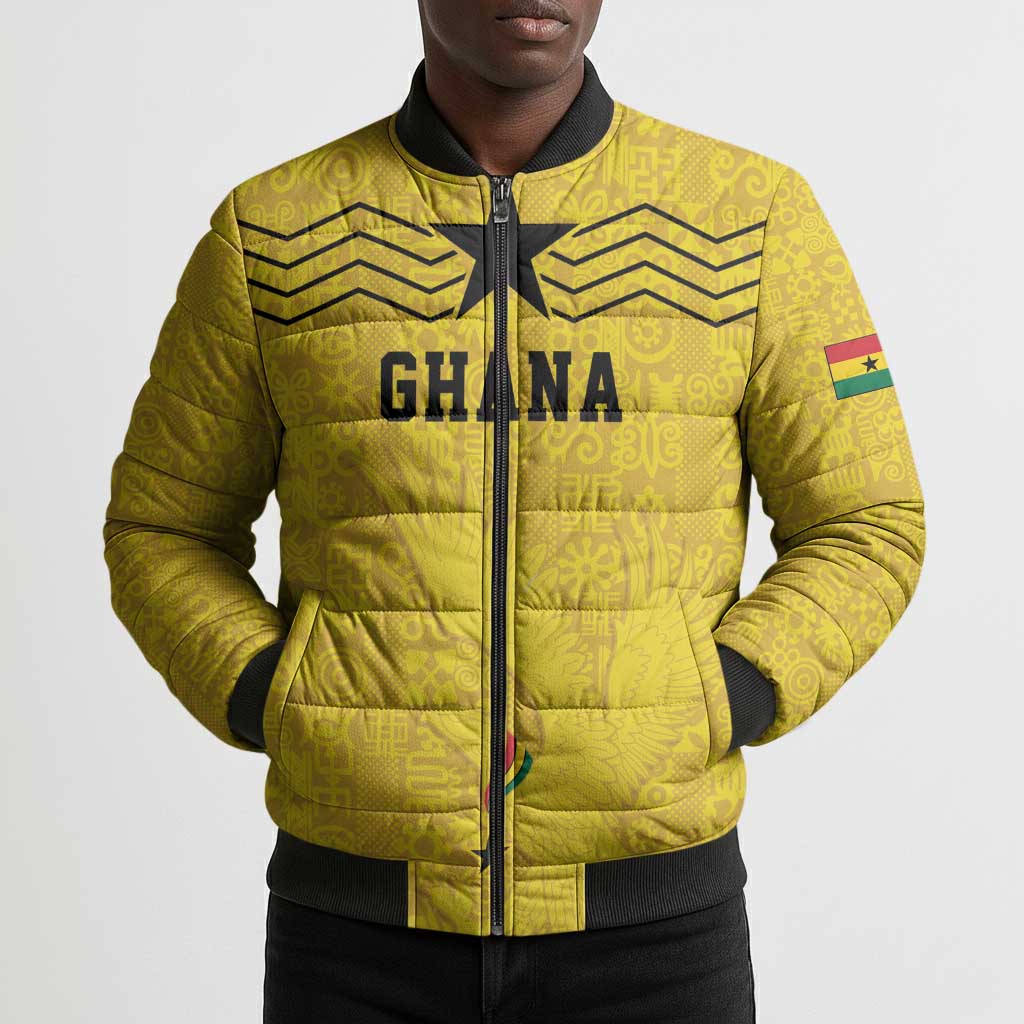 Custom World Football 2026 Ghana Bomber Puffer Jacket Black Stars Rise with Yellow Adinkra Pattern