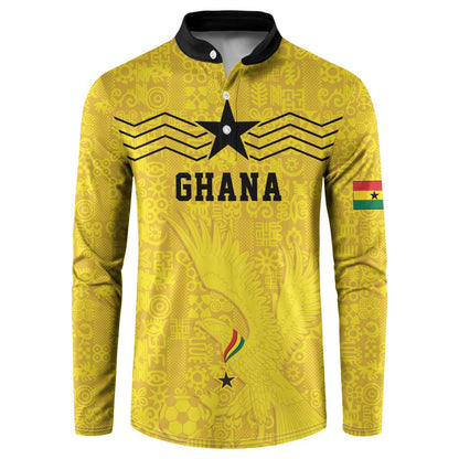 Custom World Football 2026 Ghana Button Sweatshirt Black Stars Rise with Yellow Adinkra Pattern