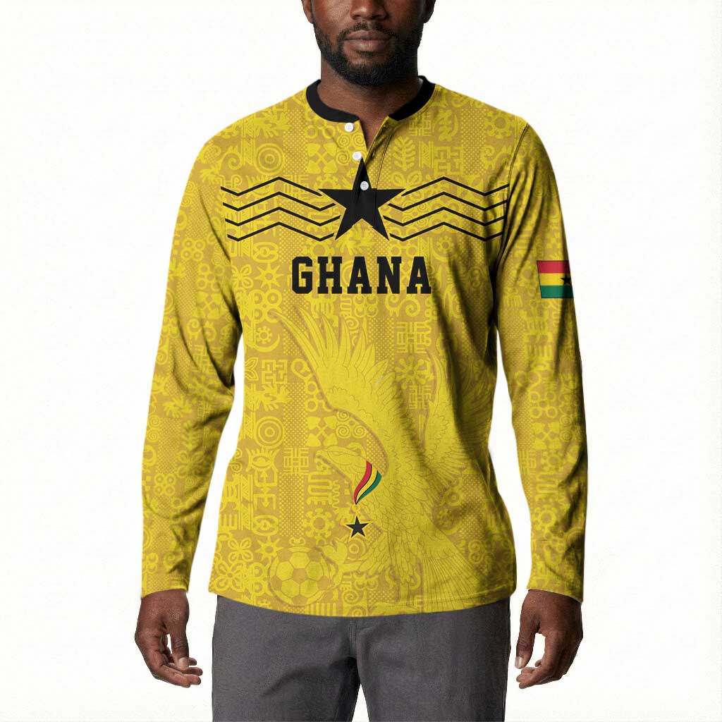 Custom World Football 2026 Ghana Button Sweatshirt Black Stars Rise with Yellow Adinkra Pattern