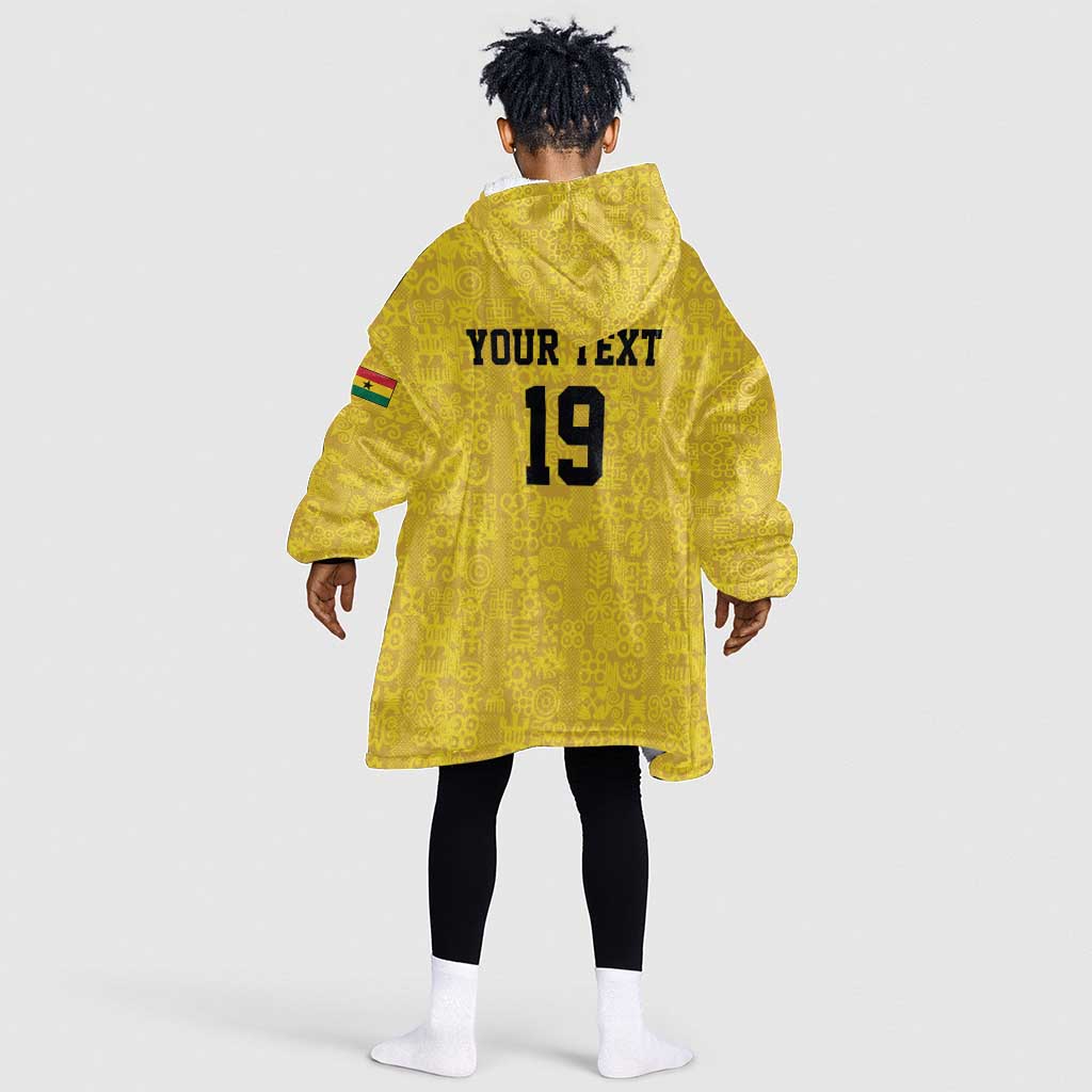 Custom World Football 2026 Ghana Kid Wearable Blanket Hoodie Black Stars Rise with Yellow Adinkra Pattern