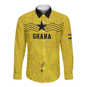 Custom World Football 2026 Ghana Long Sleeve Button Shirt Black Stars Rise with Yellow Adinkra Pattern