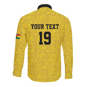 Custom World Football 2026 Ghana Long Sleeve Button Shirt Black Stars Rise with Yellow Adinkra Pattern