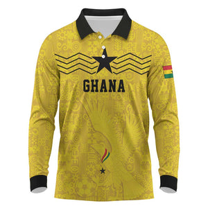 Custom World Football 2026 Ghana Long Sleeve Polo Shirt Black Stars Rise with Yellow Adinkra Pattern