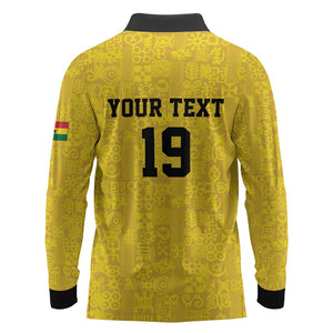 Custom World Football 2026 Ghana Long Sleeve Polo Shirt Black Stars Rise with Yellow Adinkra Pattern