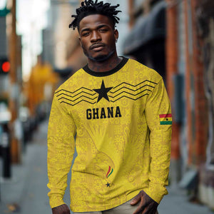 Custom World Football 2026 Ghana Long Sleeve Shirt Black Stars Rise with Yellow Adinkra Pattern