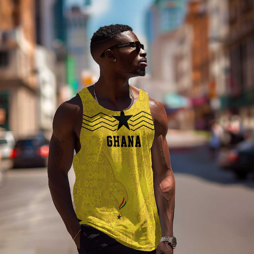 Custom World Football 2026 Ghana Men Tank Top Black Stars Rise with Yellow Adinkra Pattern