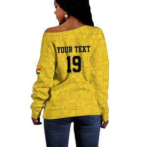 Custom World Football 2026 Ghana Off Shoulder Sweater Black Stars Rise with Yellow Adinkra Pattern