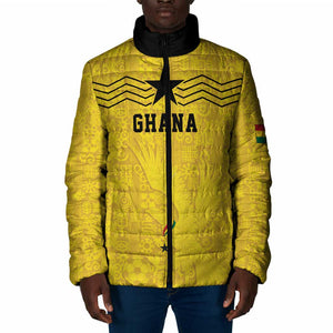 Custom World Football 2026 Ghana Padded Jacket Black Stars Rise with Yellow Adinkra Pattern