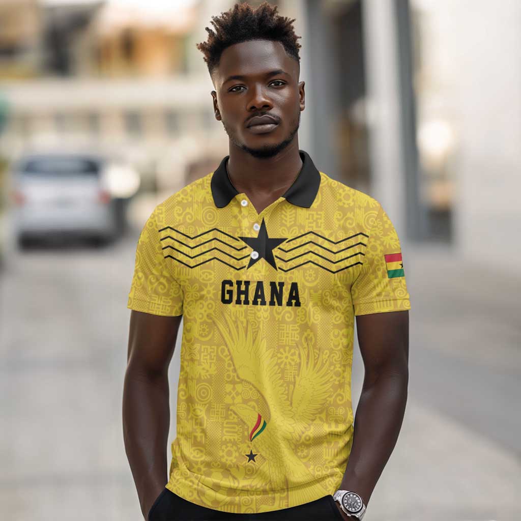 Custom World Football 2026 Ghana Polo Shirt Black Stars Rise with Yellow Adinkra Pattern