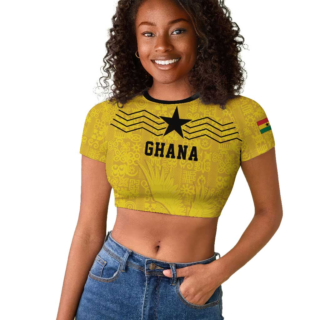Custom World Football 2026 Ghana Raglan Cropped T shirt Black Stars Rise with Yellow Adinkra Pattern