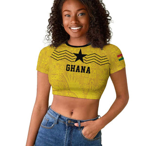 Custom World Football 2026 Ghana Raglan Cropped T shirt Black Stars Rise with Yellow Adinkra Pattern