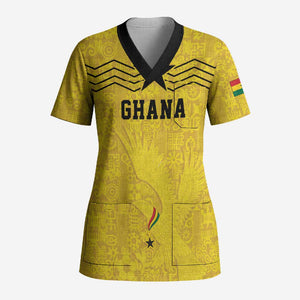 Custom World Football 2026 Ghana Scrub Top Black Stars Rise with Yellow Adinkra Pattern