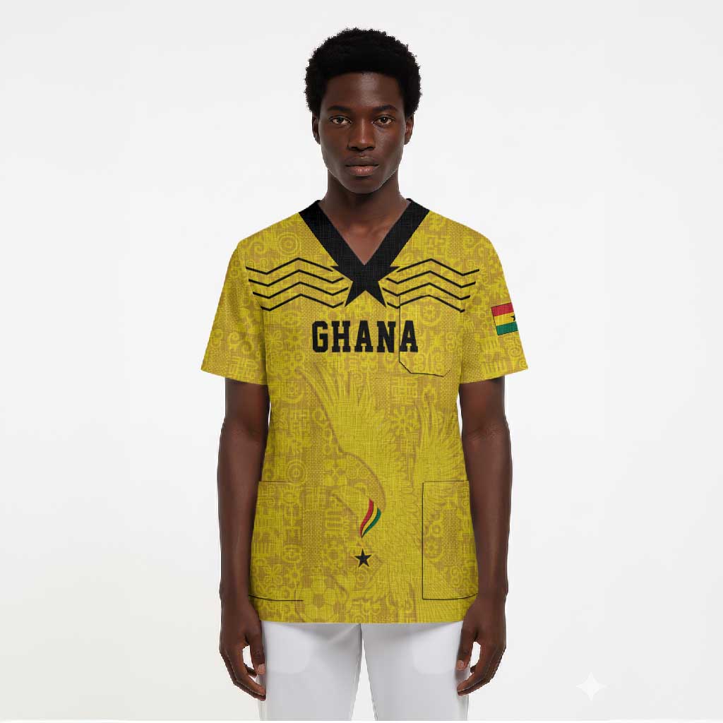 Custom World Football 2026 Ghana Scrub Top Black Stars Rise with Yellow Adinkra Pattern