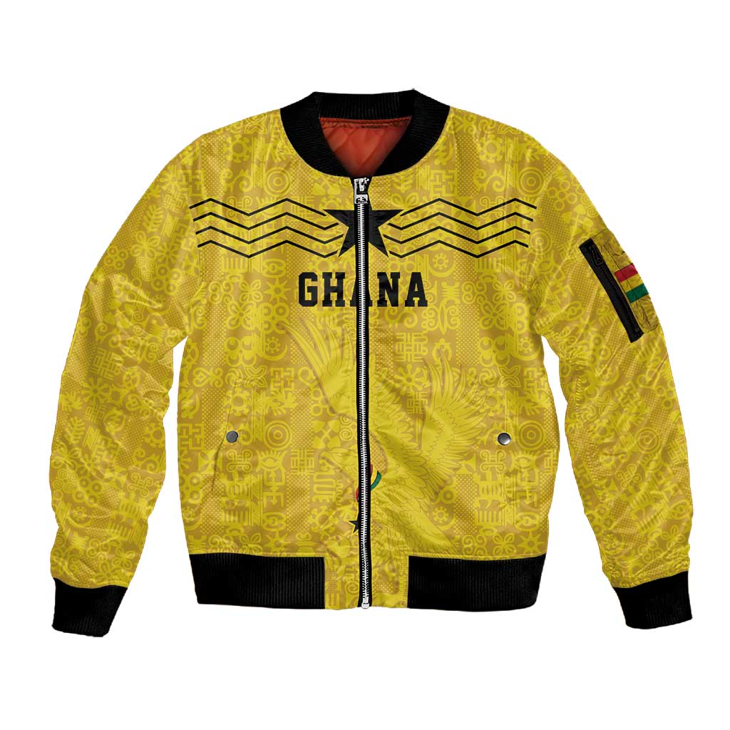 Custom World Football 2026 Ghana Sleeve Zip Bomber Jacket Black Stars Rise with Yellow Adinkra Pattern