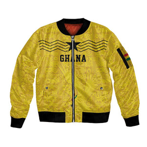 Custom World Football 2026 Ghana Sleeve Zip Bomber Jacket Black Stars Rise with Yellow Adinkra Pattern