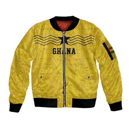 Custom World Football 2026 Ghana Sleeve Zip Bomber Jacket Black Stars Rise with Yellow Adinkra Pattern