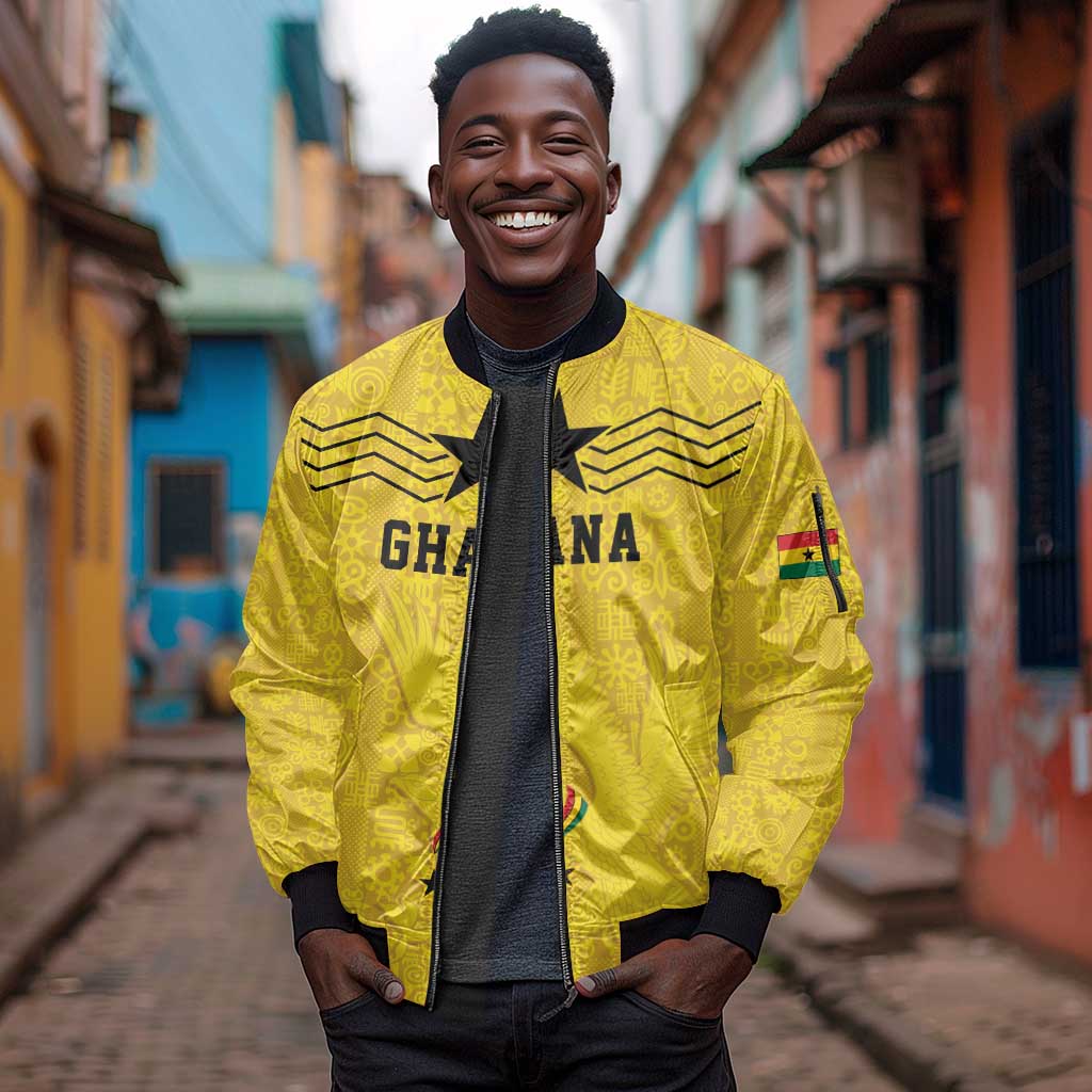 Custom World Football 2026 Ghana Sleeve Zip Bomber Jacket Black Stars Rise with Yellow Adinkra Pattern