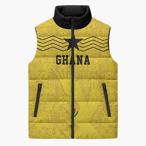 Custom World Football 2026 Ghana Sleeveless Puffer Jacket Black Stars Rise with Yellow Adinkra Pattern