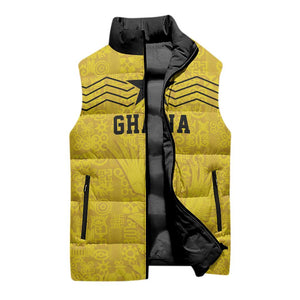 Custom World Football 2026 Ghana Sleeveless Puffer Jacket Black Stars Rise with Yellow Adinkra Pattern