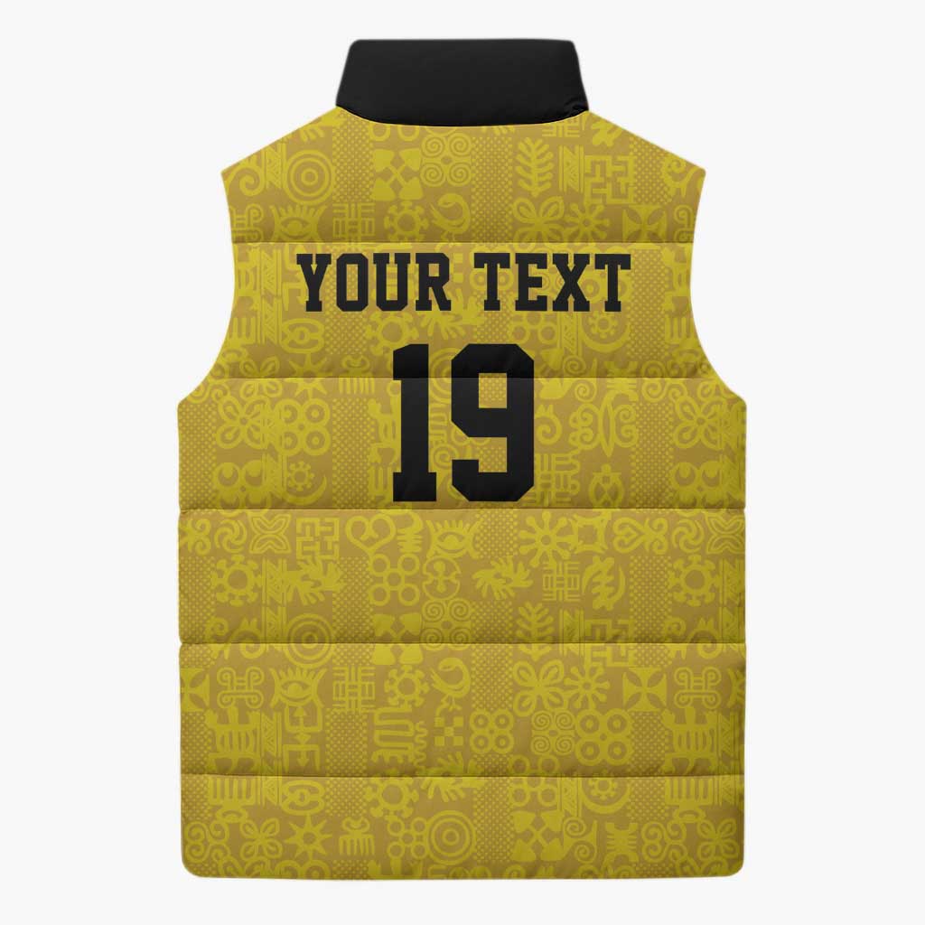 Custom World Football 2026 Ghana Sleeveless Puffer Jacket Black Stars Rise with Yellow Adinkra Pattern