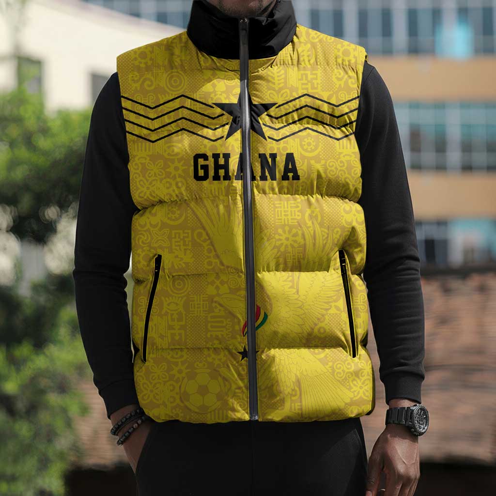 Custom World Football 2026 Ghana Sleeveless Puffer Jacket Black Stars Rise with Yellow Adinkra Pattern