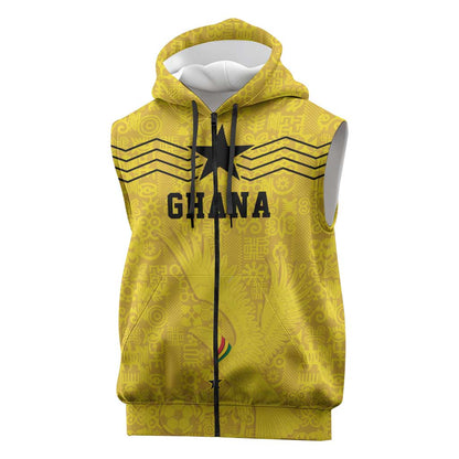 Custom World Football 2026 Ghana Sleeveless Zip Hoodie Black Stars Rise with Yellow Adinkra Pattern