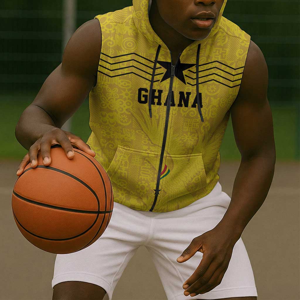 Custom World Football 2026 Ghana Sleeveless Zip Hoodie Black Stars Rise with Yellow Adinkra Pattern