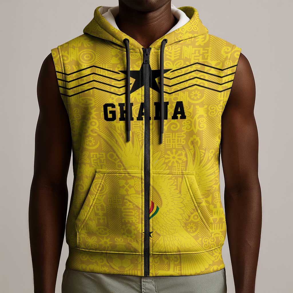 Custom World Football 2026 Ghana Sleeveless Zip Hoodie Black Stars Rise with Yellow Adinkra Pattern