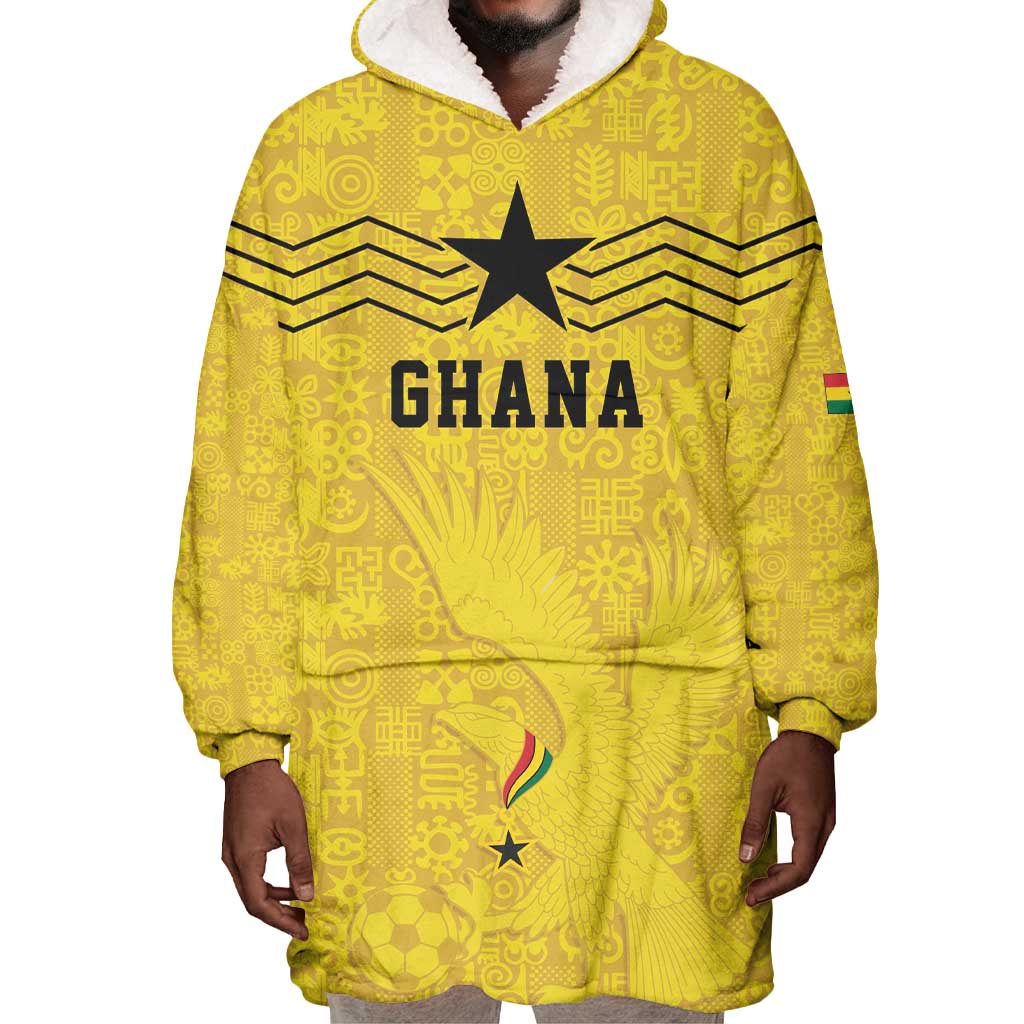 Custom World Football 2026 Ghana Wearable Blanket Hoodie Black Stars Rise with Yellow Adinkra Pattern