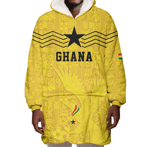 Custom World Football 2026 Ghana Wearable Blanket Hoodie Black Stars Rise with Yellow Adinkra Pattern