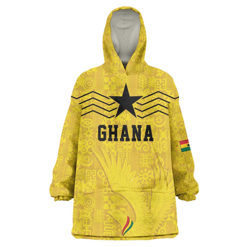 Custom World Football 2026 Ghana Wearable Blanket Hoodie Black Stars Rise with Yellow Adinkra Pattern