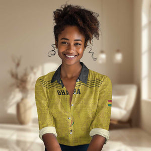 Custom World Football 2026 Ghana Women Casual Shirt Black Stars Rise with Yellow Adinkra Pattern