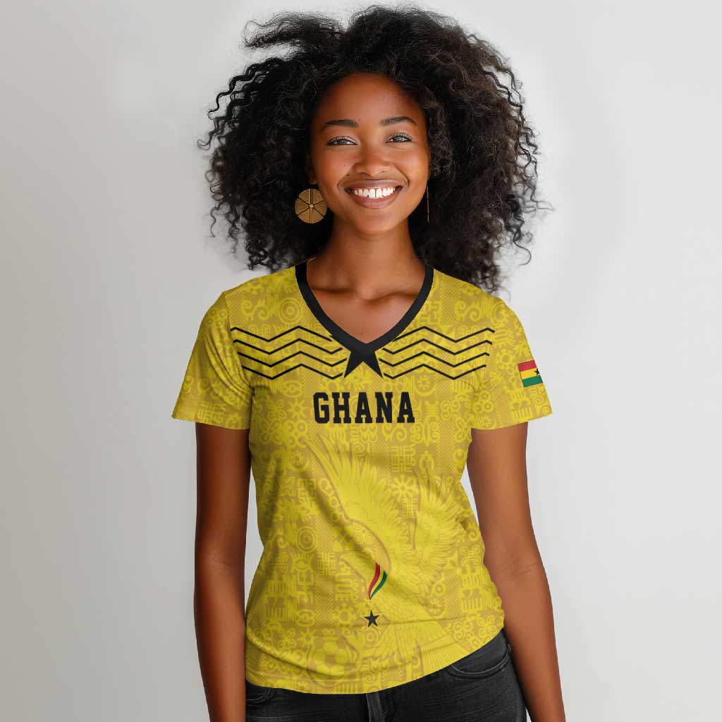 Custom World Football 2026 Ghana Women V-Neck T-Shirt Black Stars Rise with Yellow Adinkra Pattern