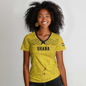 Custom World Football 2026 Ghana Women V-Neck T-Shirt Black Stars Rise with Yellow Adinkra Pattern
