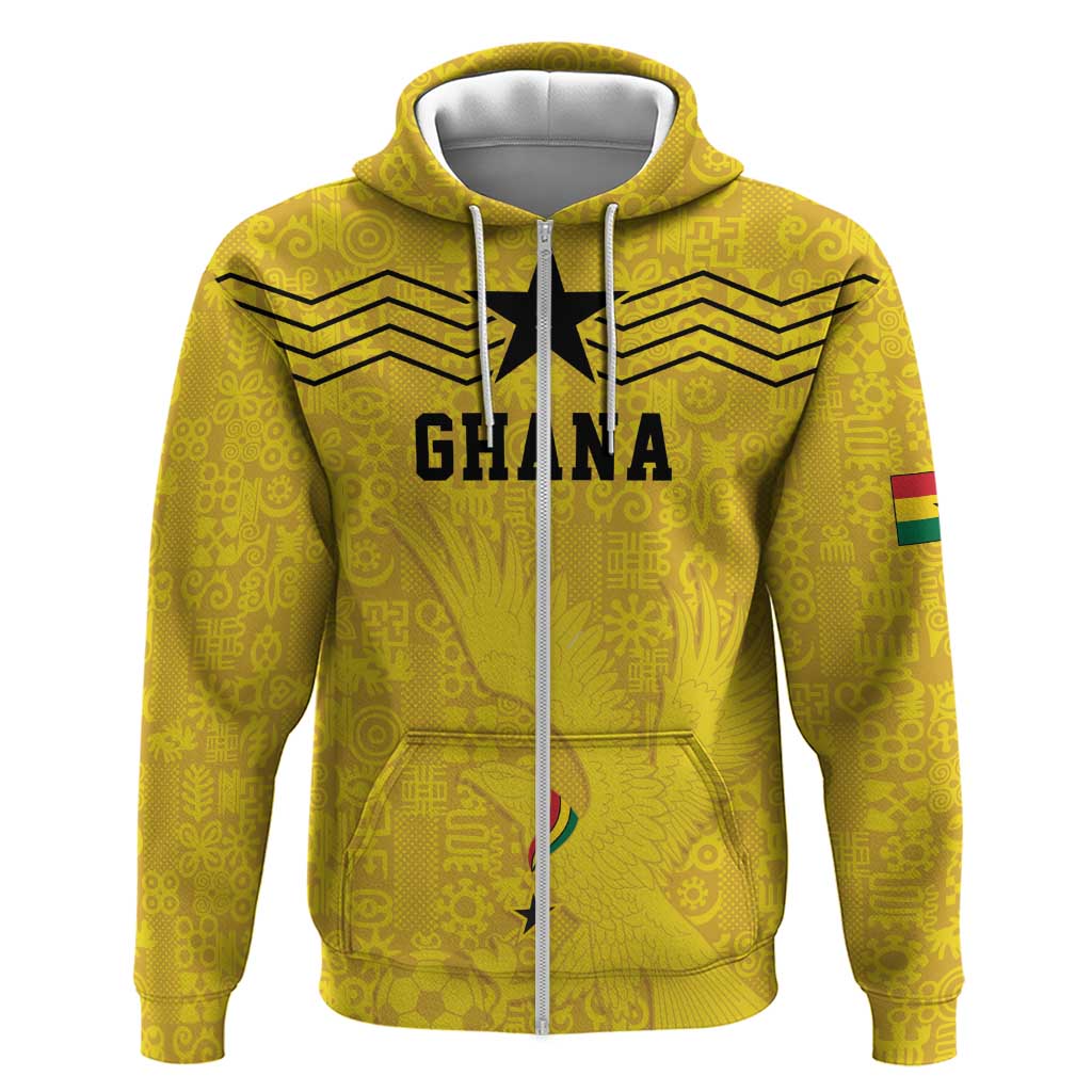 Custom World Football 2026 Ghana Zip Hoodie Black Stars Rise with Yellow Adinkra Pattern