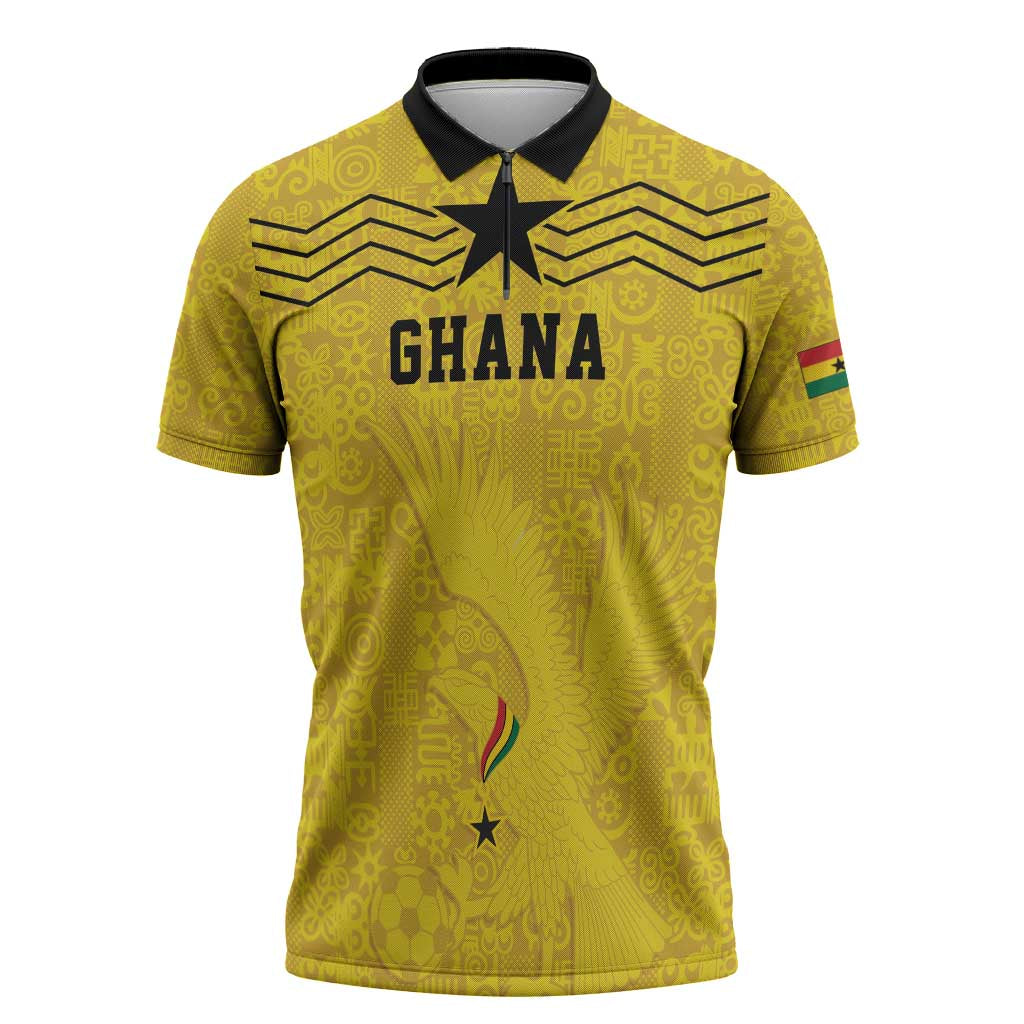 Custom World Football 2026 Ghana Zipper Polo Shirt Black Stars Rise with Yellow Adinkra Pattern