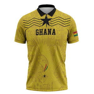 Custom World Football 2026 Ghana Zipper Polo Shirt Black Stars Rise with Yellow Adinkra Pattern