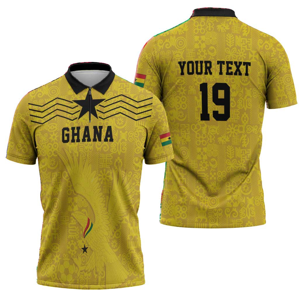 Custom World Football 2026 Ghana Zipper Polo Shirt Black Stars Rise with Yellow Adinkra Pattern