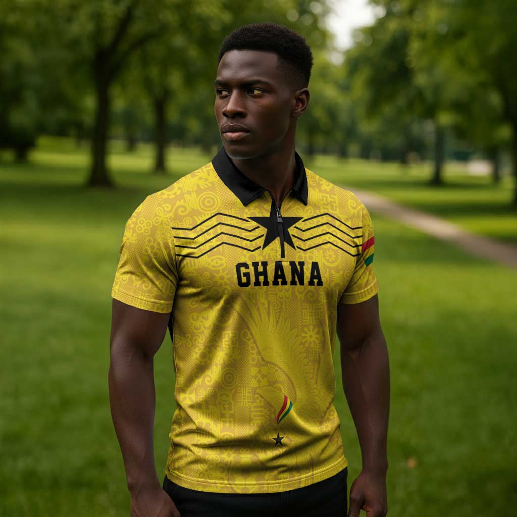 Custom World Football 2026 Ghana Zipper Polo Shirt Black Stars Rise with Yellow Adinkra Pattern