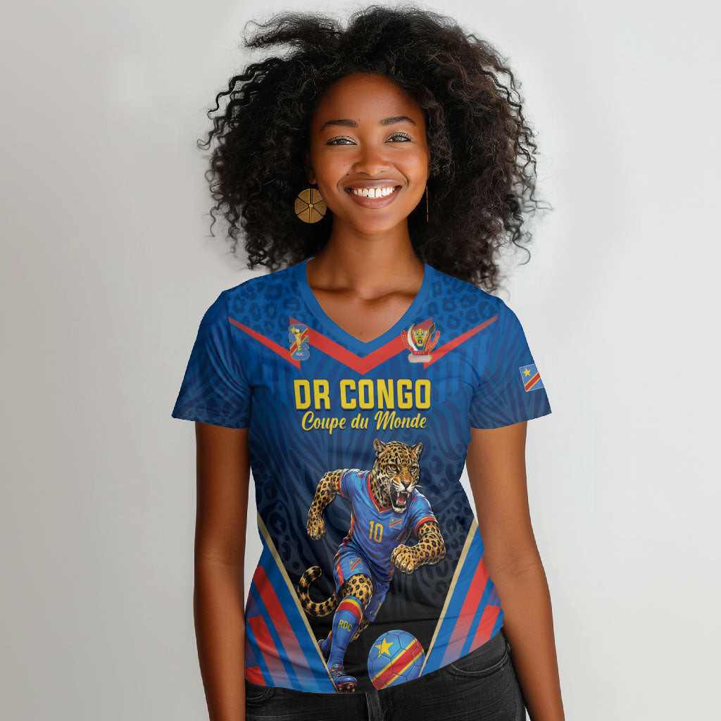 Custom World Football 2026 DR Congo Women V-Neck T-Shirt Les Leopards Coupe du Monde Glory
